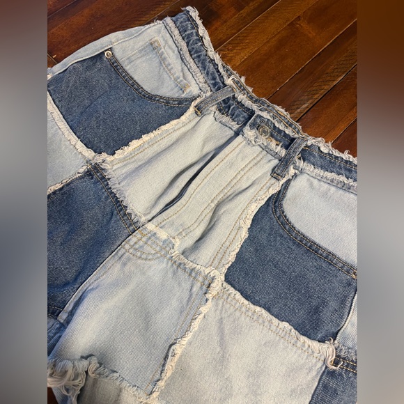 Patchwork Denim Shorts High Waisted Two Tone Raw Hem Festival - Picture 3 of 8